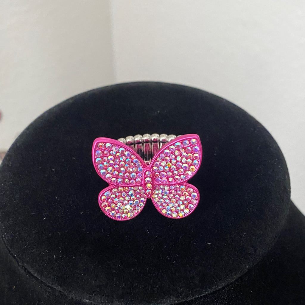 Pink Butterfly Crystal Stretch Band Ring 9$